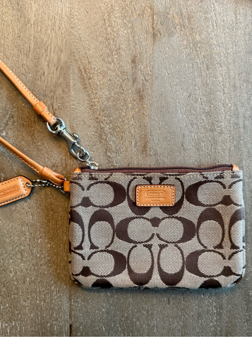 Coach Signature Canvas Wristlet in Brown and Tan Leather